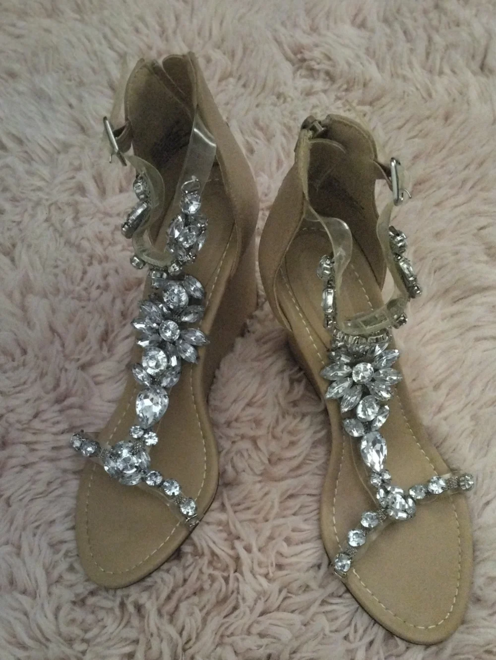 JustFab Tan Jeweled T-Strap Sandals with Clear Ankle Straps